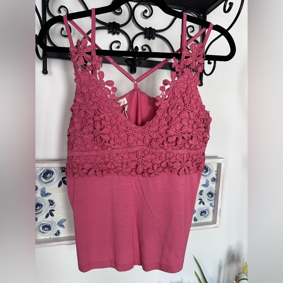 And The Why Tops - Floral Lace Pink Tank Top